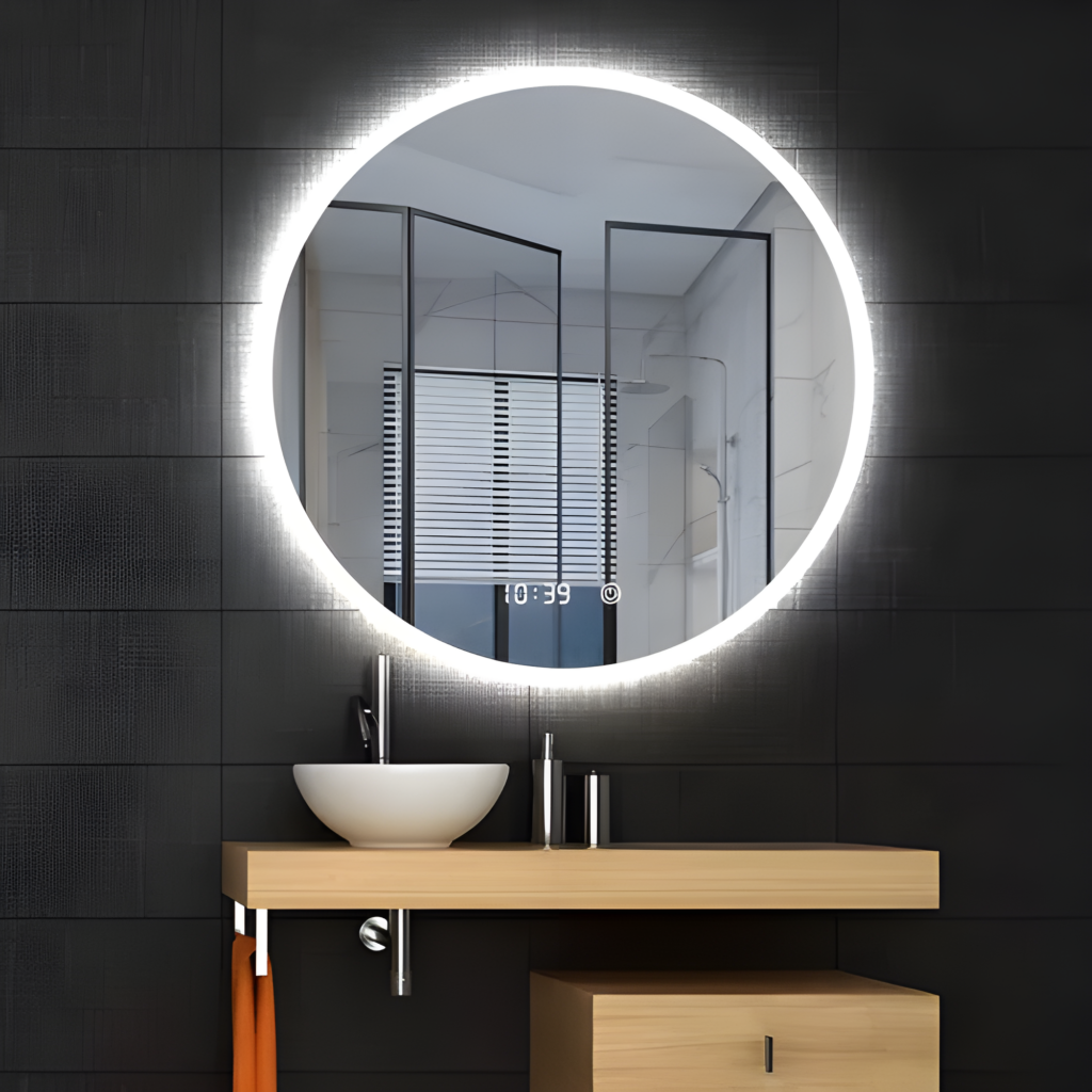 LED okos tükör 100 cm-es kerek kijelzővel+állítható fényerő,páramentesítő funkció,óra,hőmérő